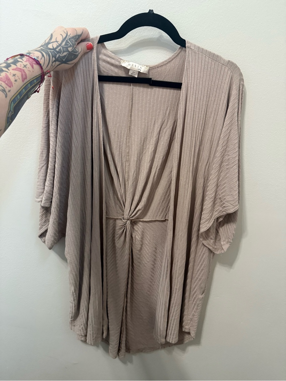 Misia Blush Taupe Ribbed Open Front Cardigan